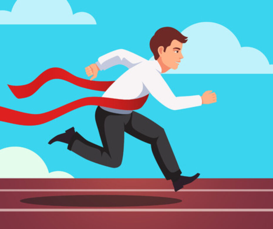 52901815 - running businessman crosses a finish line red ribbon, winning a race. flat style vector illustration isolated on white background.